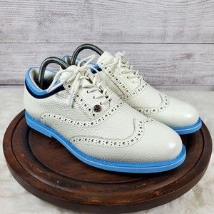 G/FORE Brogue Gallivanter Grosgrain WATERPROOF White Blue Sz 8.5 Golf Shoe NEW